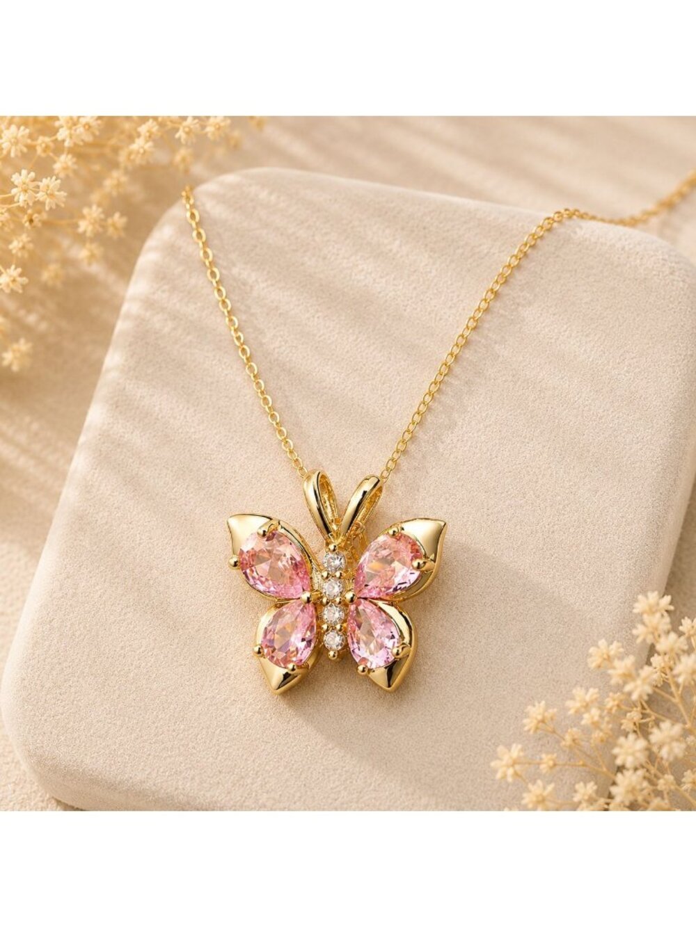 Pink Butterfly Necklace Gold Overlay 16" Chain‎ Made with Swarovski Crystal